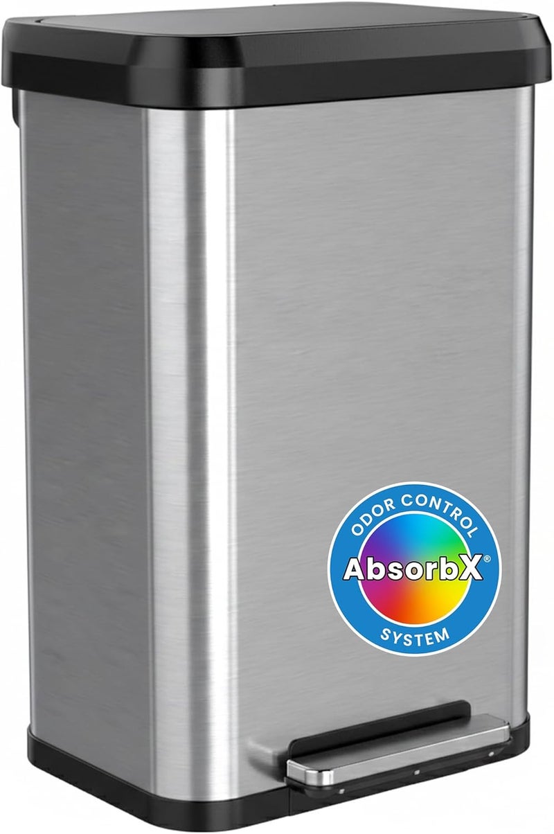 iTouchless SoftStep EXP 50 Liter/ 13.2 Gallon Step Pedal Trash Can Recycling Bin with Odor Filter Stainless Steel, Dent-Proof Plastic Lid Garbage Trashcan, Home Office Living Room Garage, Matte Silver - Image 1